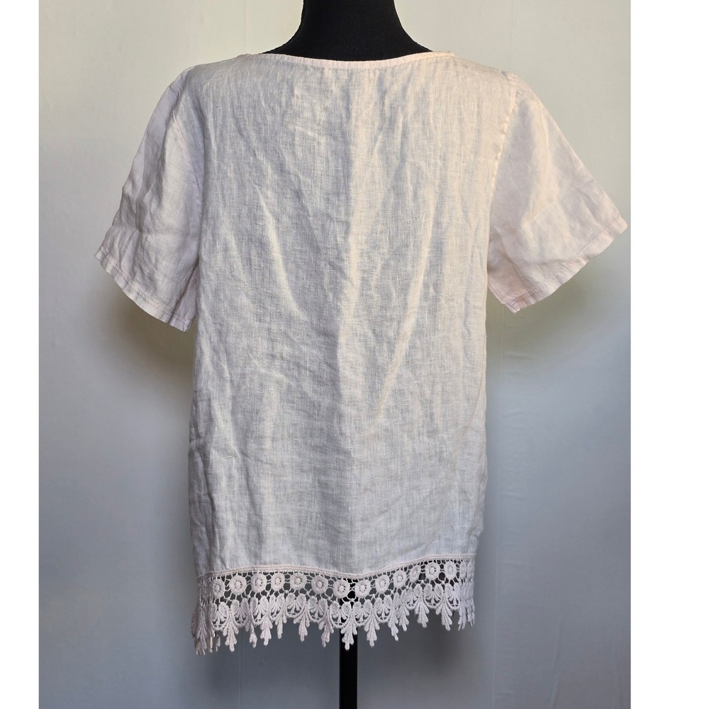 Terzo Millennio Women's Linen Top Size M Ivory Lace Hem Short Sleeve euro summer - Picture 2 of 6